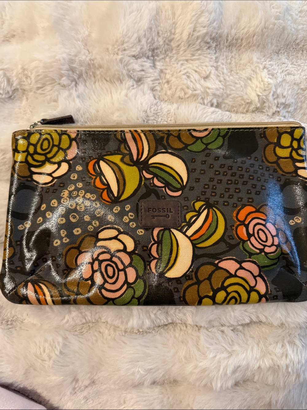 Fossil Floral Zip Pouch in Black, Pink, Green & Yellow